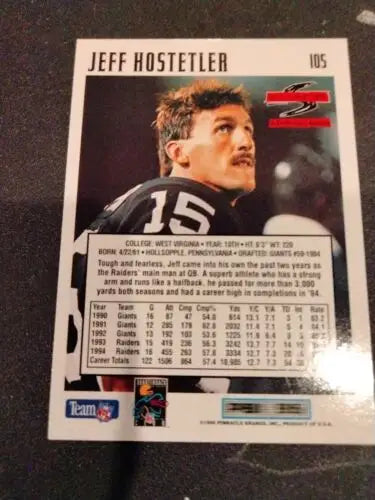 Jeff Hostetler football card from 1995 Score featuring the Oakland Raiders #105