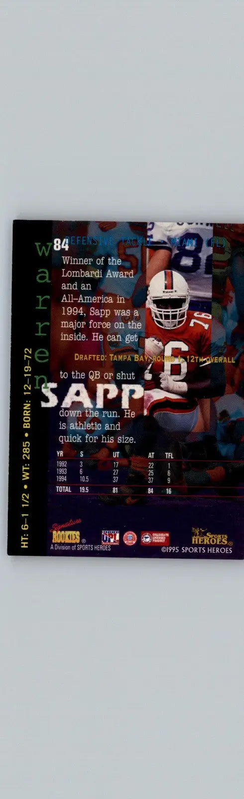 Warren Sapp football card from 1995 Signature Rookies Fame and Fortune #84 Miami Hurricanes