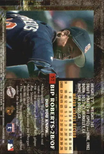 Baseball card back of 1995 Topps Golden Idols #57 Bip Roberts with original gloss