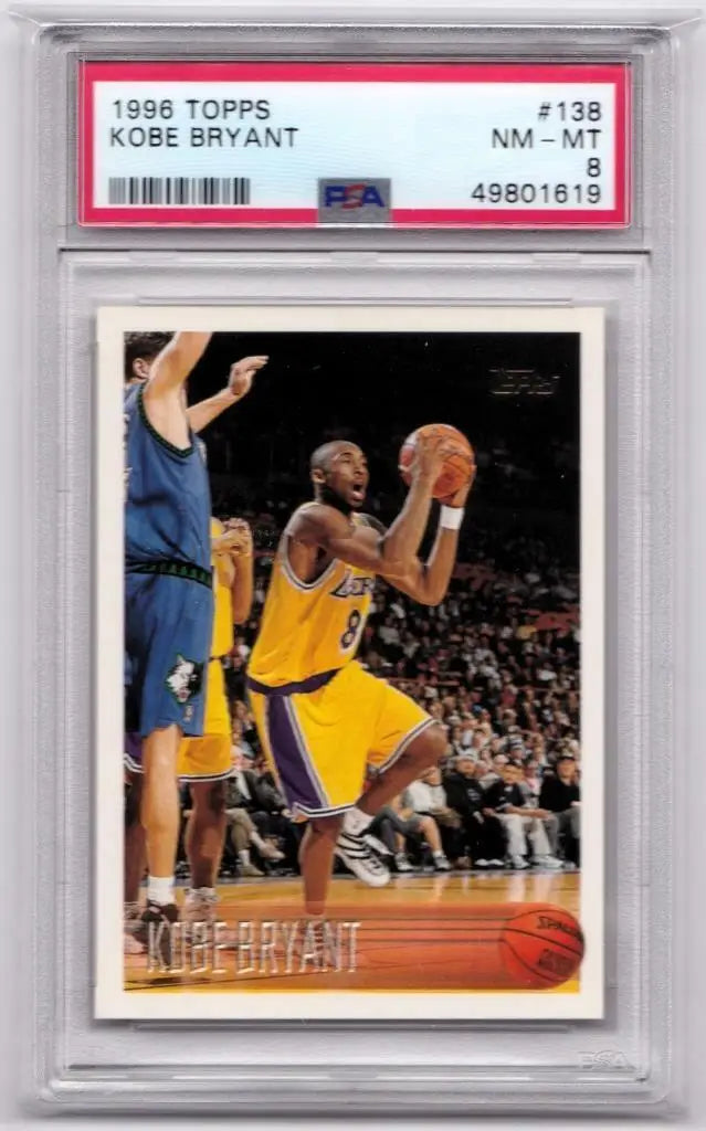 PSA-graded 1996 Topps Kobe Bryant Rookie card featuring Lakers player driving to basket