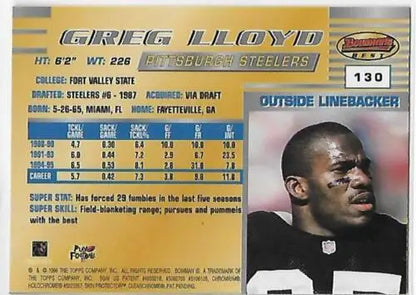 1996 Bowman’s Best #130 Greg Lloyd NM-MT Steelers football card with original gloss