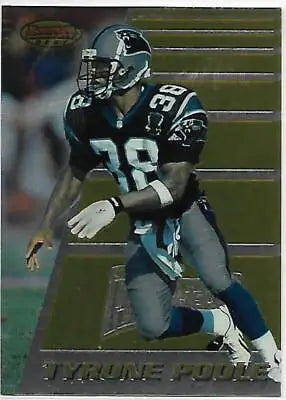 Football player in action on 1996 Bowman’s Best #62 Tyrone Poole NM Near Mint card