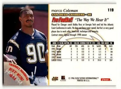 Marco Coleman San Diego Chargers football card with original gloss from 1996 Fleer