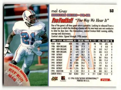 1996 Fleer #53 Mel Gray Houston Oilers Football Card with original gloss in NM condition