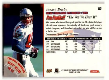 Vincent Brisby football card from 1996 Fleer featuring original gloss and Patriots football