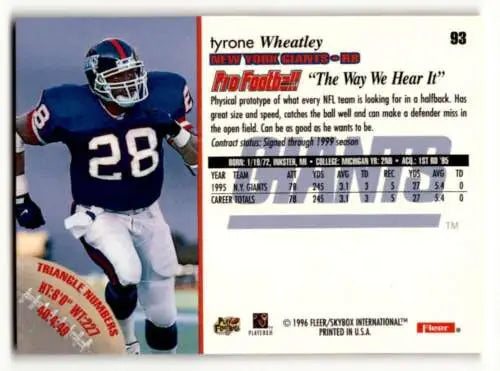 1996 Fleer #93 Tyrone Wheatley New York Giants Football Card with original gloss