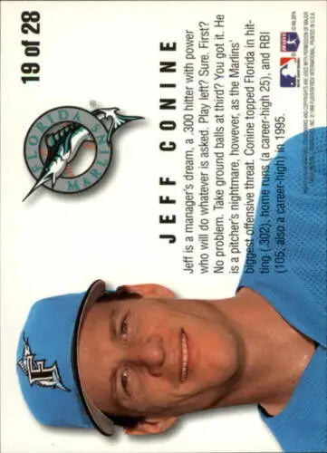 Florida Marlins 1996 Fleer Team Leaders card featuring player Jeff Conine and team logo