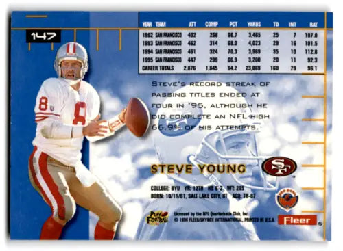 1996 Fleer Ultra #147 Steve Young football card in near mint condition with original gloss