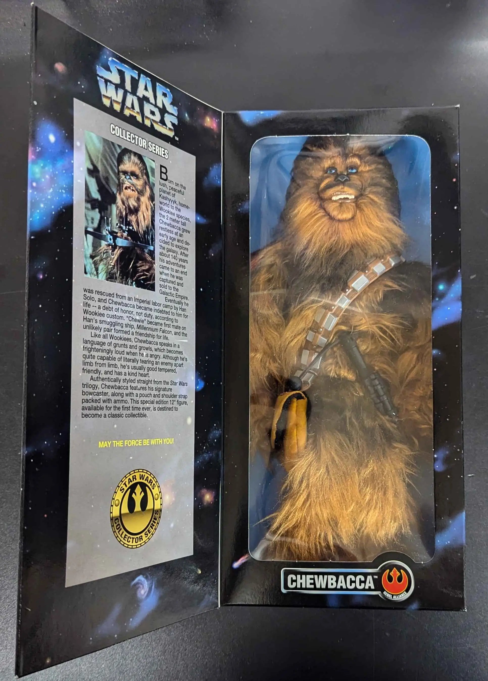 1996 Hasbro Star Wars Chewbacca action figure in retail packaging with character info