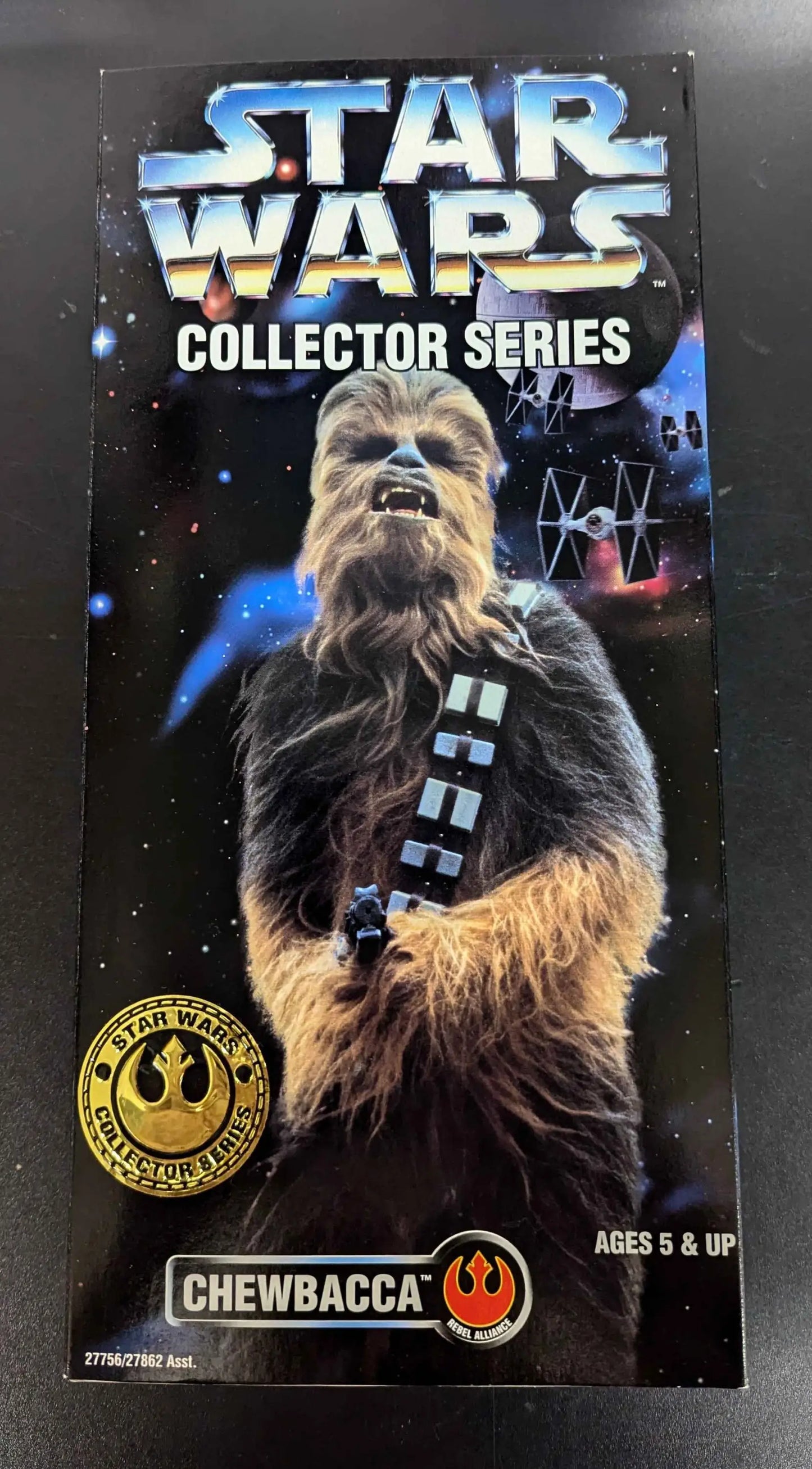 1996 Hasbro Star Wars Collector Series Chewbacca action figure box with bandolier