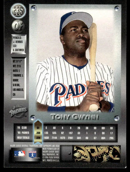 Baseball card of Tony Gwynn in pinstripe uniform from Metal Universe 1996 edition