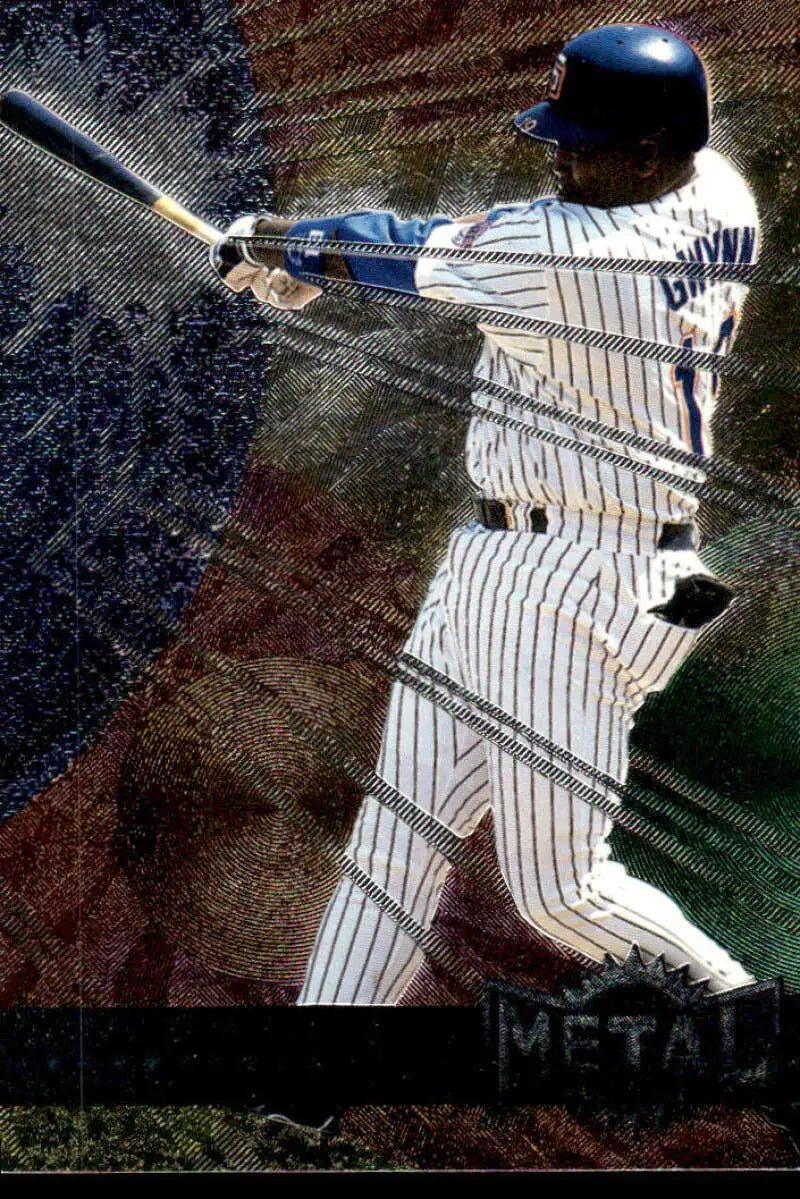 Baseball player in New York Yankees pinstripes swinging bat on Tony Gwynn baseball card