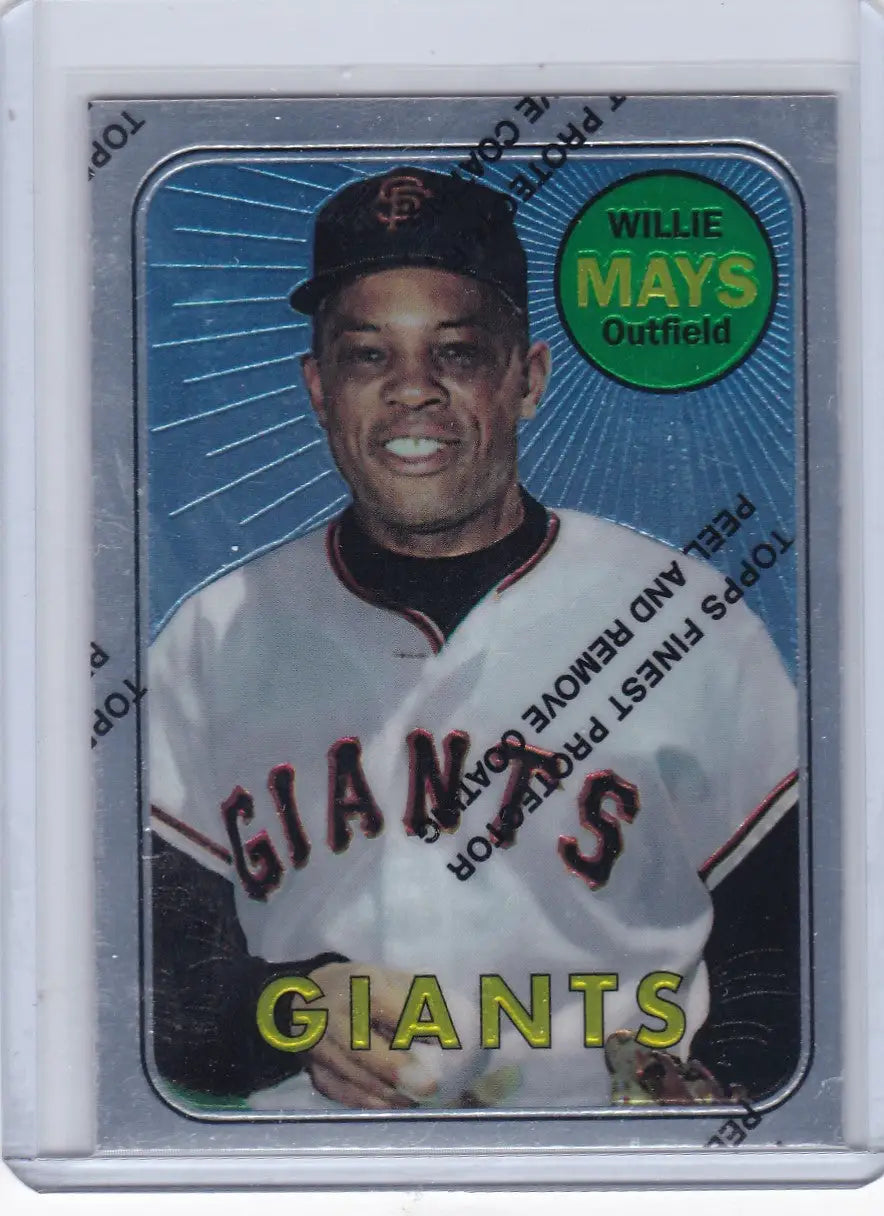 Baseball card of Willie Mays in Giants jersey with protective coating for collectors