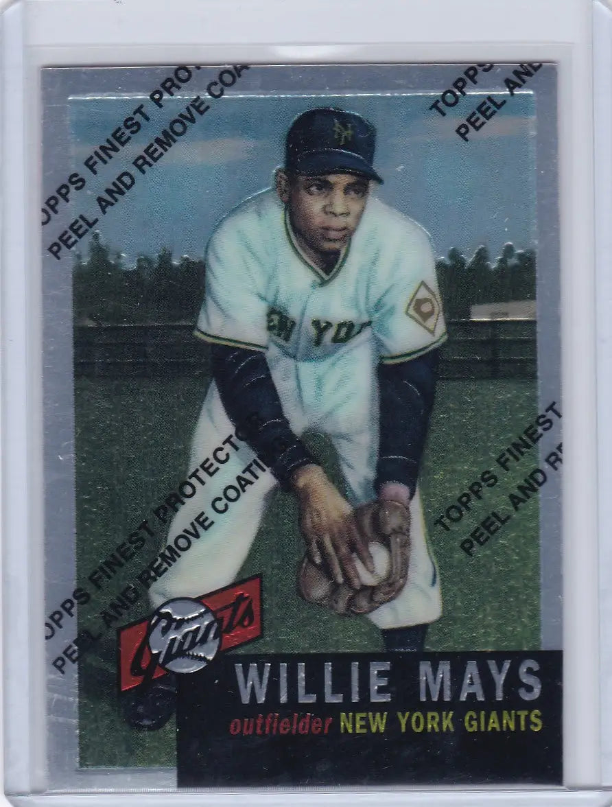 Baseball card of Willie Mays in New York Giants uniform with protective film