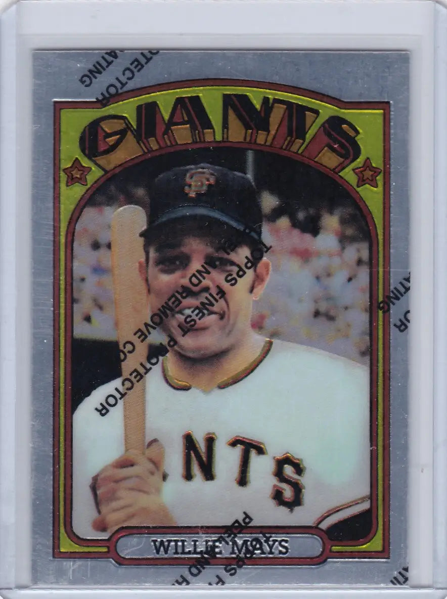 Baseball card of Willie Mays in white Giants uniform with protective film