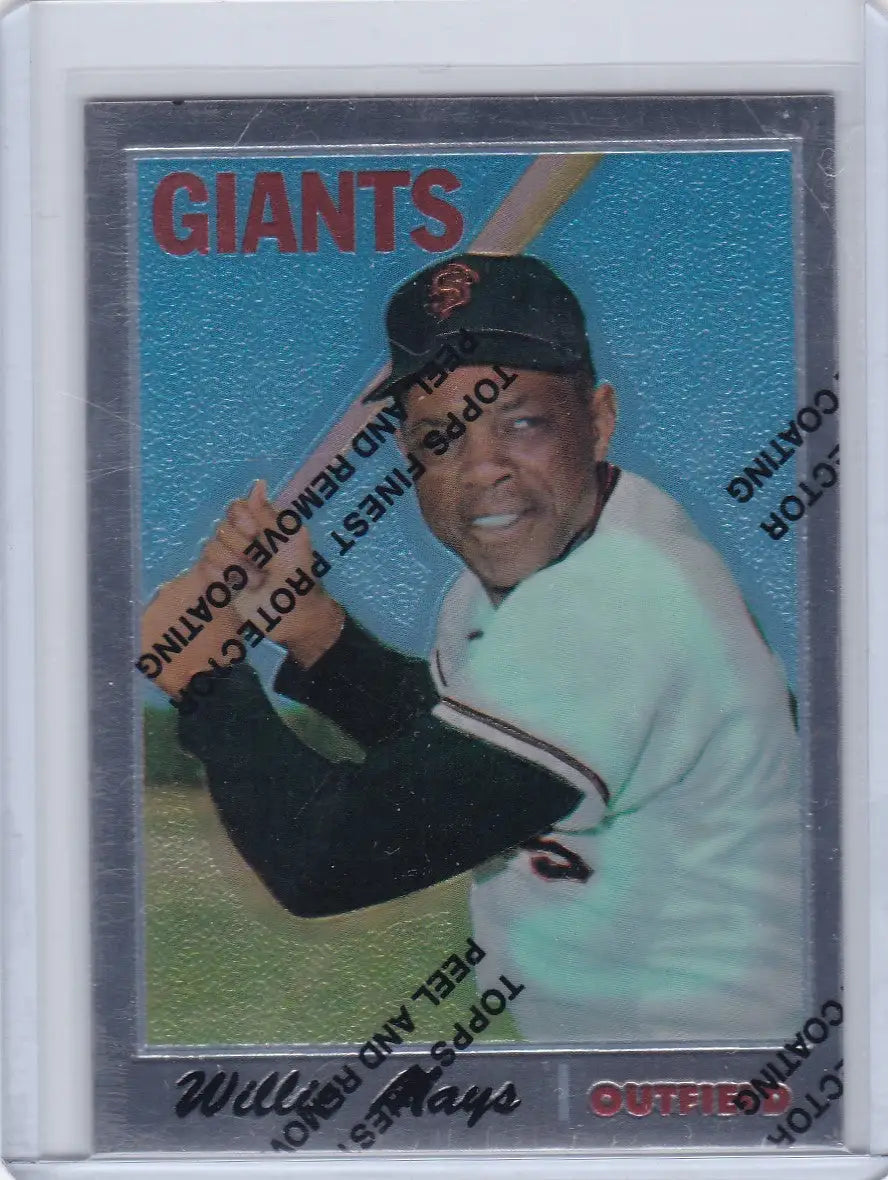 Holographic Willie Mays baseball card with protective coating featuring San Francisco Giants player