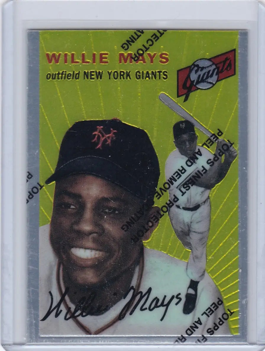 Baseball card of Willie Mays with protective coating and holographic finish for Giants