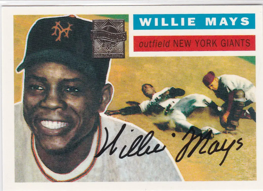 Vintage 1956 Topps baseball card of New York Giants outfielder Willie Mays commemorative reprint