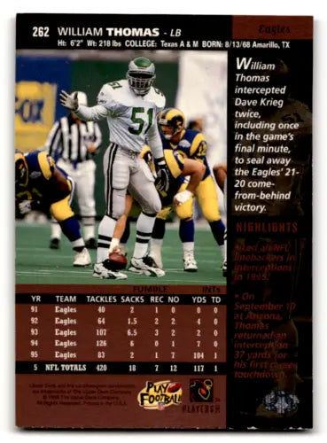 1996 Upper Deck #262 William Thomas football card with original gloss and Eagles design