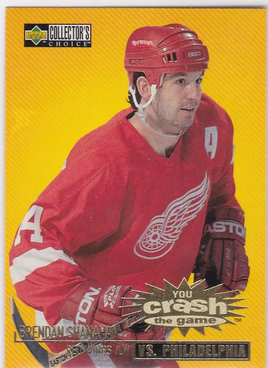 Hockey player in red Detroit Red Wings jersey number 4 from Collectors Choice Crash