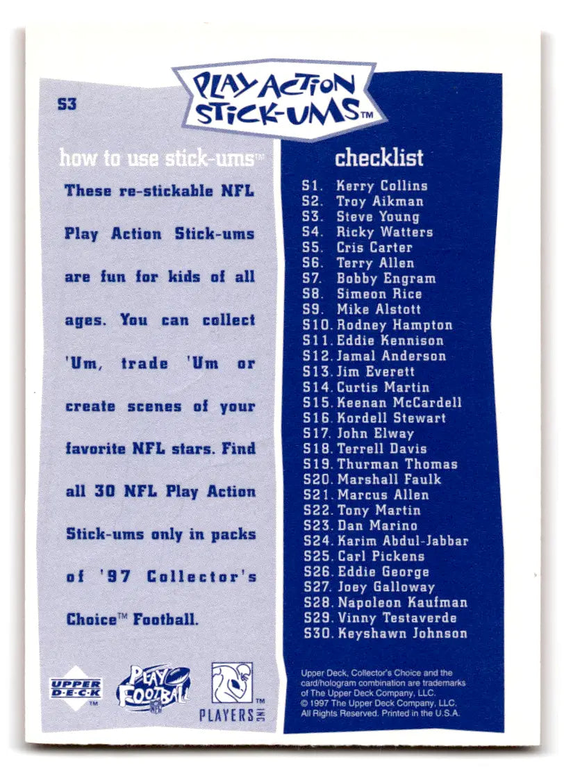 Original gloss 1997 Collector’s Choice Play Action Stick-ums checklist for Steve Young cards