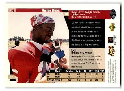 Football player trading card of Merton Hanks in San Francisco 49ers red jersey