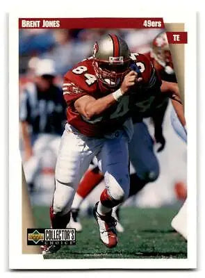 Football trading card of Brent Jones, San Francisco 49ers tight end in red uniform