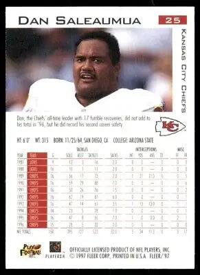 Dan Saleaumua football card from 1997 Fleer featuring Kansas City Chiefs design