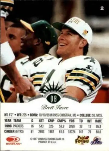 1997 Leaf #2 Brett Favre NM-MT Packers football card with original gloss, typically sells well