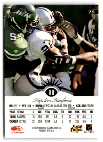 1997 Leaf #75 Napoleon Kaufman football card featuring original gloss, Raiders collectible