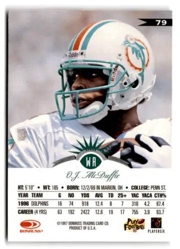 O.J. McDuffie NM-MT Dolphins Football Card with original gloss, 1997 Leaf #79