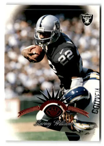 Football trading card of Harvey Williams in original gloss from 1997 Leaf #81 Raiders