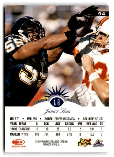 1997 Leaf #94 Junior Seau NM mint Chargers trading card with original gloss finish