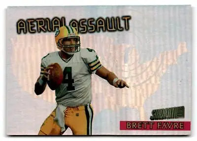 Football trading card of Brett Favre in white jersey from 1997 Stadium Club AA10