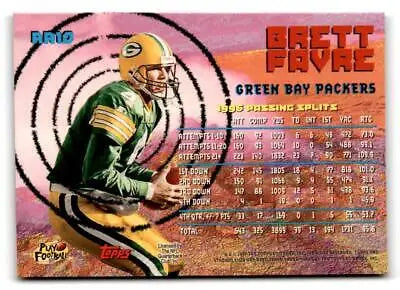 Football trading card of Brett Favre in Green Bay Packers uniform with stats, AA10