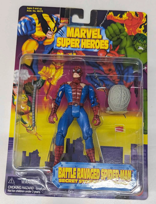 Battle ravaged Spider-Man action figure in Toy Biz packaging, collectible Marvel item