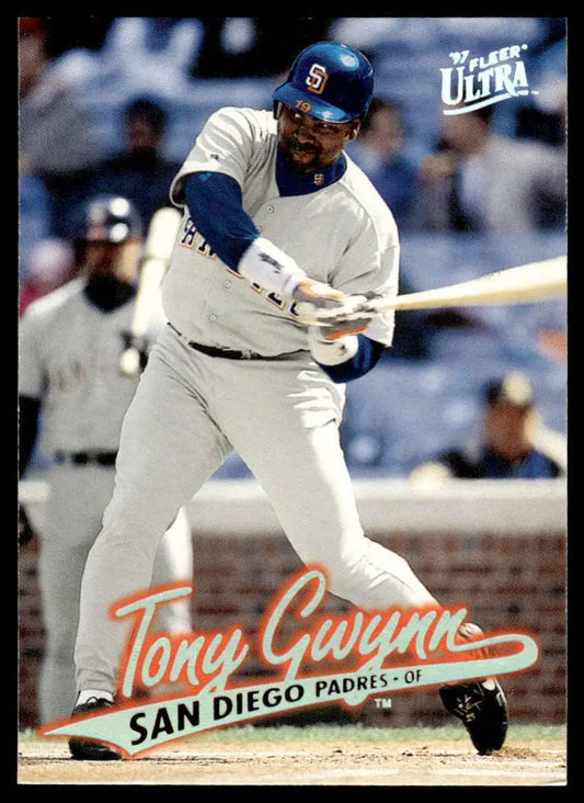 Baseball card of Tony Gwynn swinging a bat for the San Diego Padres