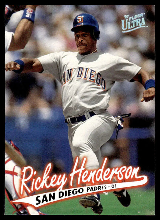 Rickey Henderson sliding into base in San Diego Padres uniform on baseball card