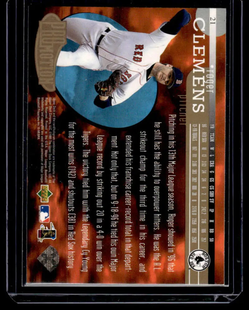 Red Sox pitcher Roger Clemens mid-delivery on 1997 Upper Deck UD3 Baseball Card