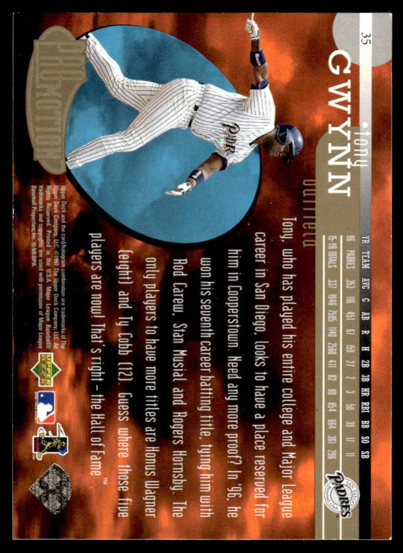 Tony Gwynn swinging a bat in white pinstripes, featured on Upper Deck UD3 baseball card