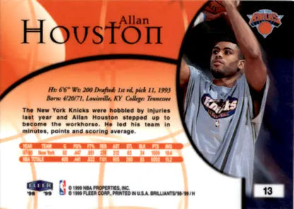 Allan Houston basketball card from 1998-99 Fleer Brilliants with original gloss