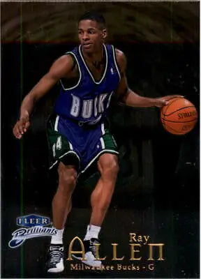 Basketball player in blue Duke uniform dribbling ball, featured on Ray Allen Fleer Brilliants card