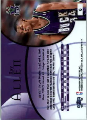 Basketball trading card of Ray Allen in a Milwaukee Bucks purple jersey Fleer Brilliants