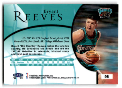 1998-99 Fleer Brilliants Bryant Reeves #96 basketball card from Vancouver Grizzlies