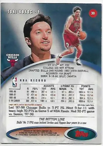 Toni Kukoc basketball card 1998-99 Topps Stadium Club original gloss Near Mint Bulls