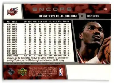 Basketball card back of 1998-99 Upper Deck Encore Hakeem Olajuwon #30