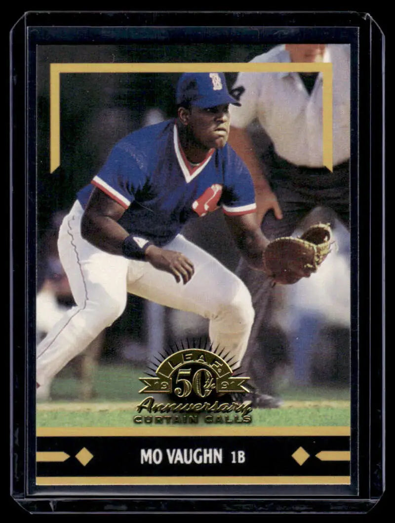 Baseball card of Mo Vaughn in a blue and white uniform for the Boston Red Sox