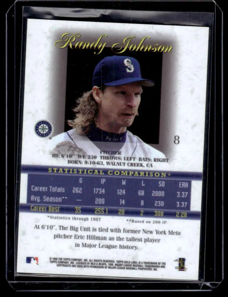 Baseball trading card of Randy Johnson in 1998 Topps Gold Label with Seattle Mariners cap