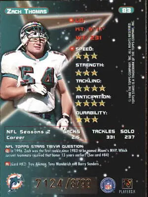 1998 Topps Stars #83 Zach Thomas Miami Dolphins NFL Football Card NM for collectors