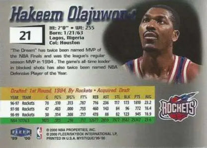 Hakeem Olajuwon basketball card 1999-00 Fleer Mystique original gloss for collectors